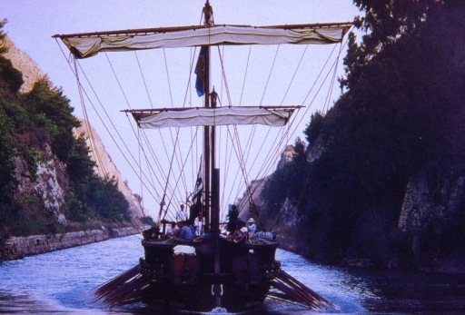 Olympias in the Corinth Canal, August 1992. Photo: Rosie Randolph.