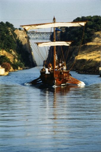 Olympias in the Corinth Canal, August 1992. Photo: Rosie Randolph.